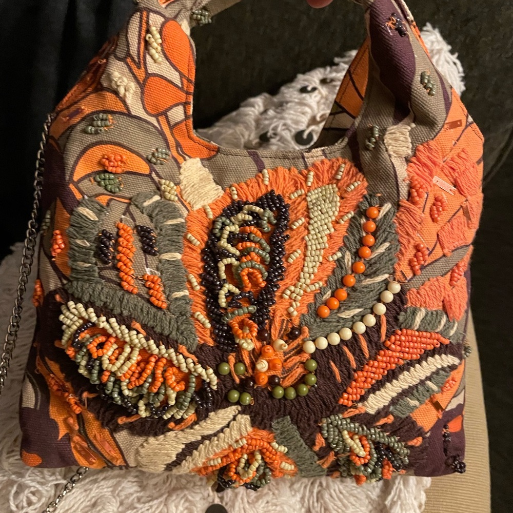 NWT Zara multicolor sequin beaded Orange and Brown Floral Shoulder Bag - Picture 8 of 11